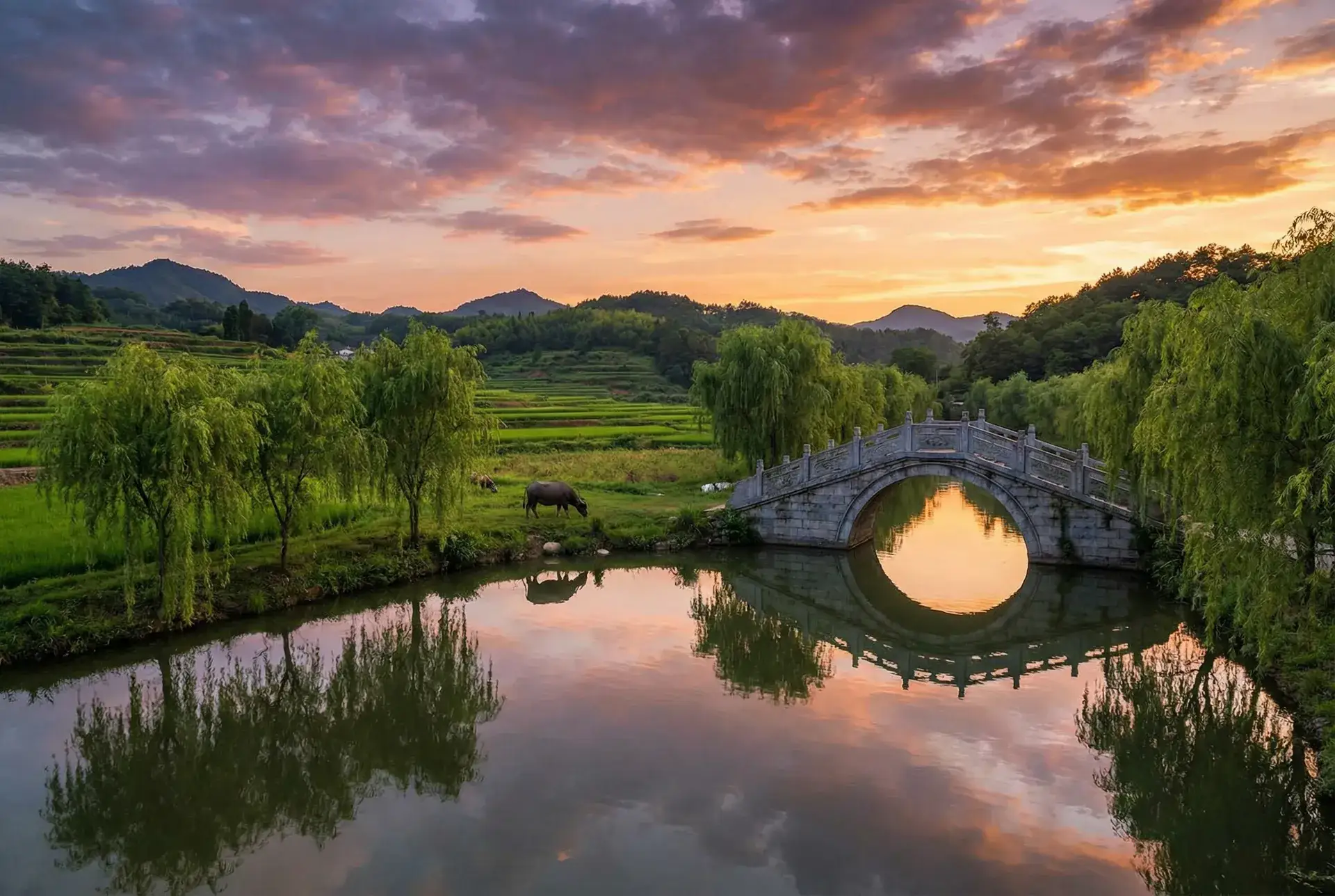 夕阳下的石拱桥与垂柳，水牛在河边吃草 - 好妈妈在线播放BD 乡村美景